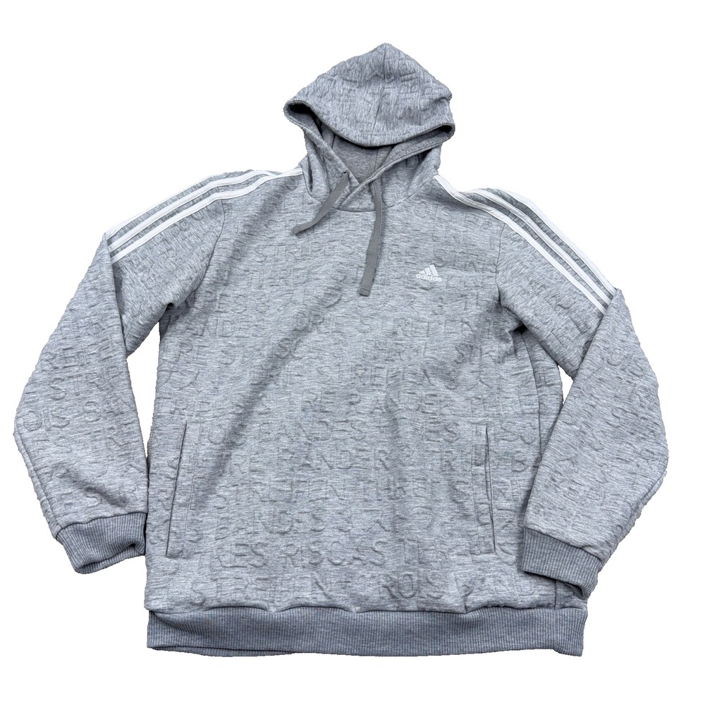 Adidas Hoodie Men XL Gray Sweatshirt Pullover Cotton AOP Embossed Print Adult